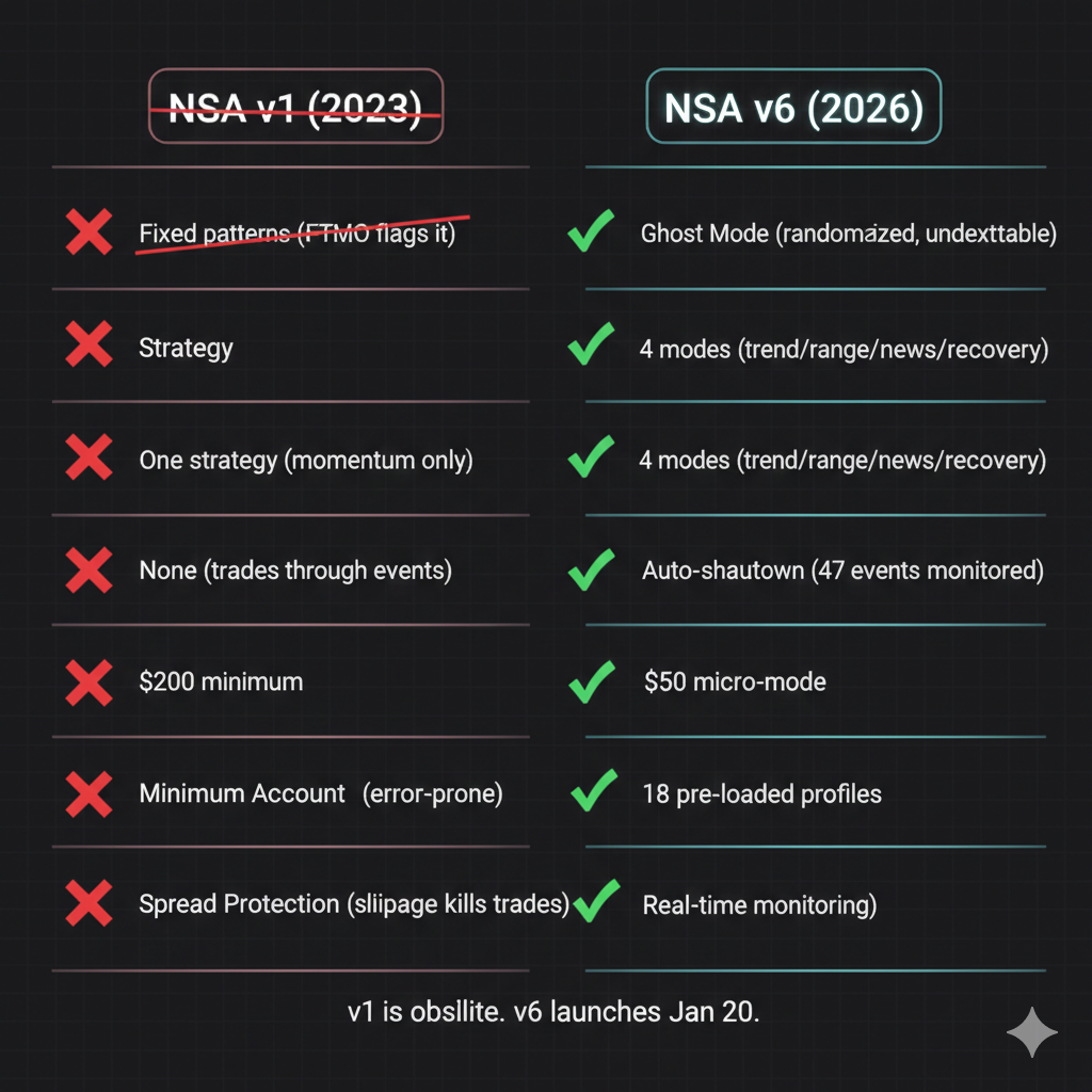 Ghost Mode EA for FTMO challenges. 4 adaptive strategies. News protection. $50 micro-mode. 84% beta pass rate. Launches Jan 20. First 100 get 50% off.